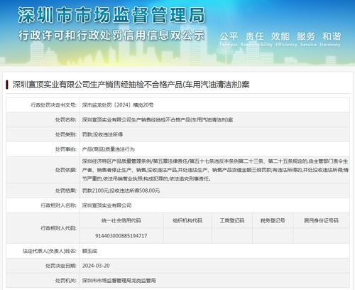 深圳宣顶实业生产销售经抽检不合格产品 车用汽油清洁剂 案